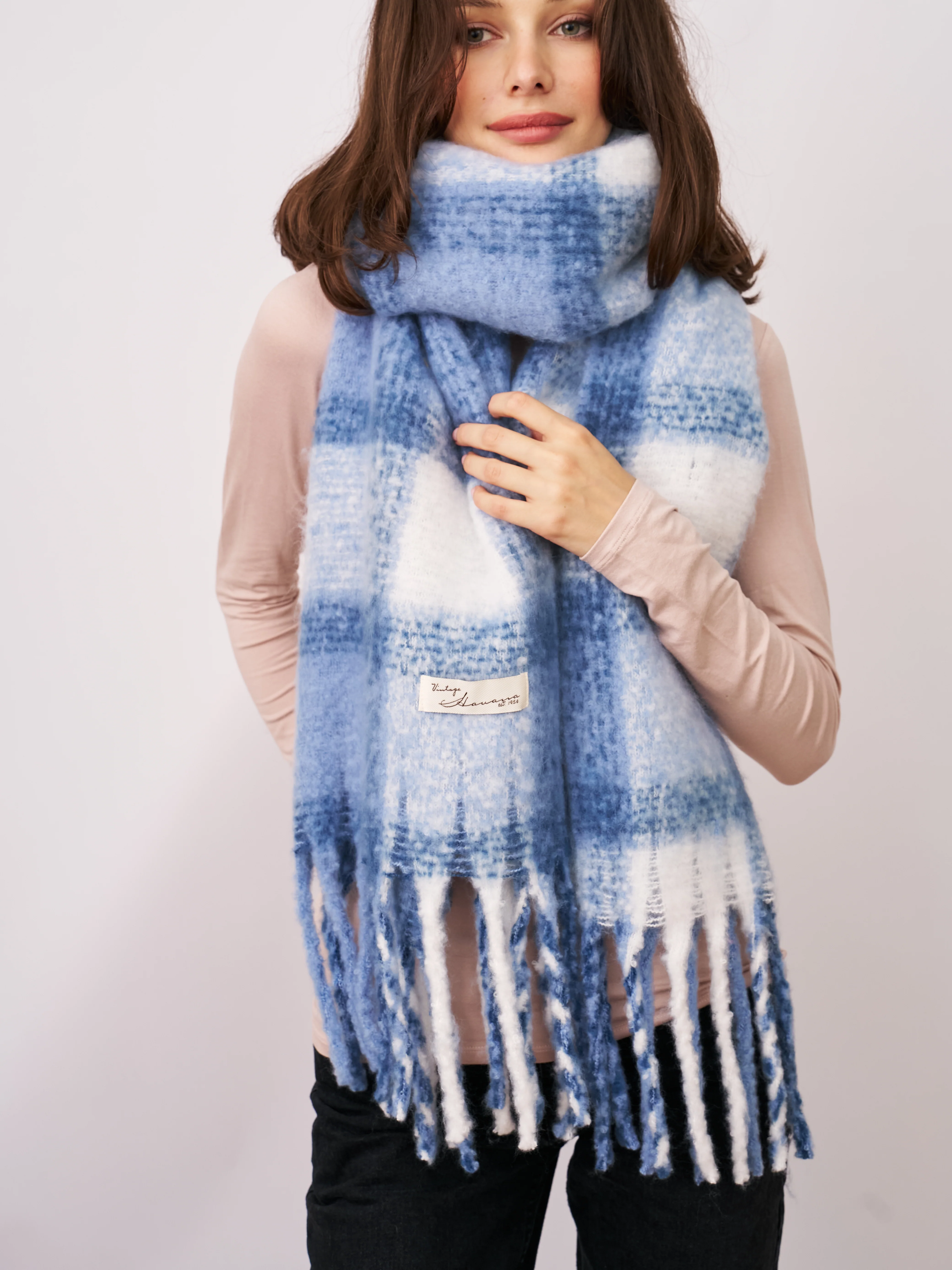 CHECK TASSEL SCARF - BLUE - Image 2