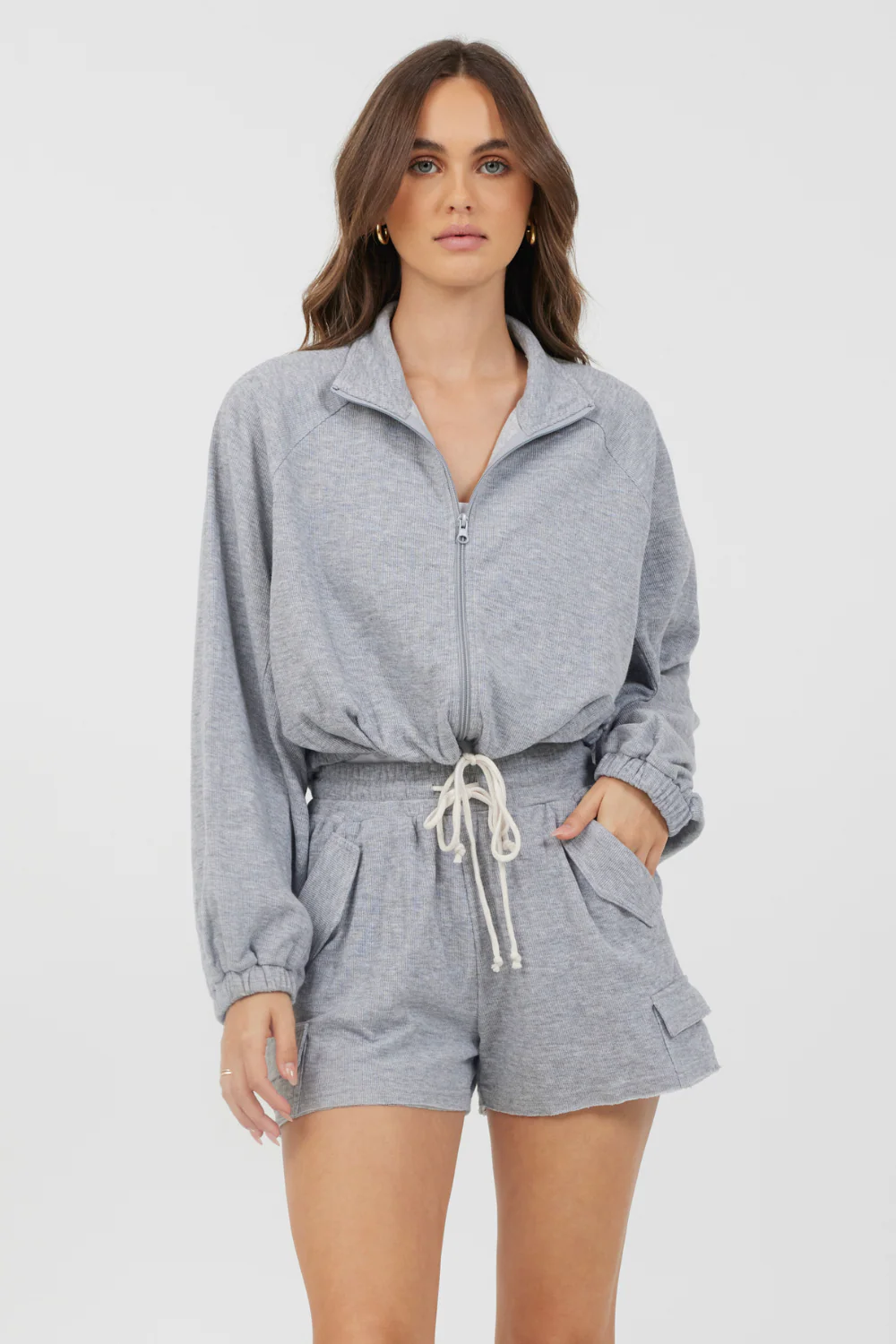 Heather Grey Bounded Textured Jersey Zip Up W/ Tie - Image 3