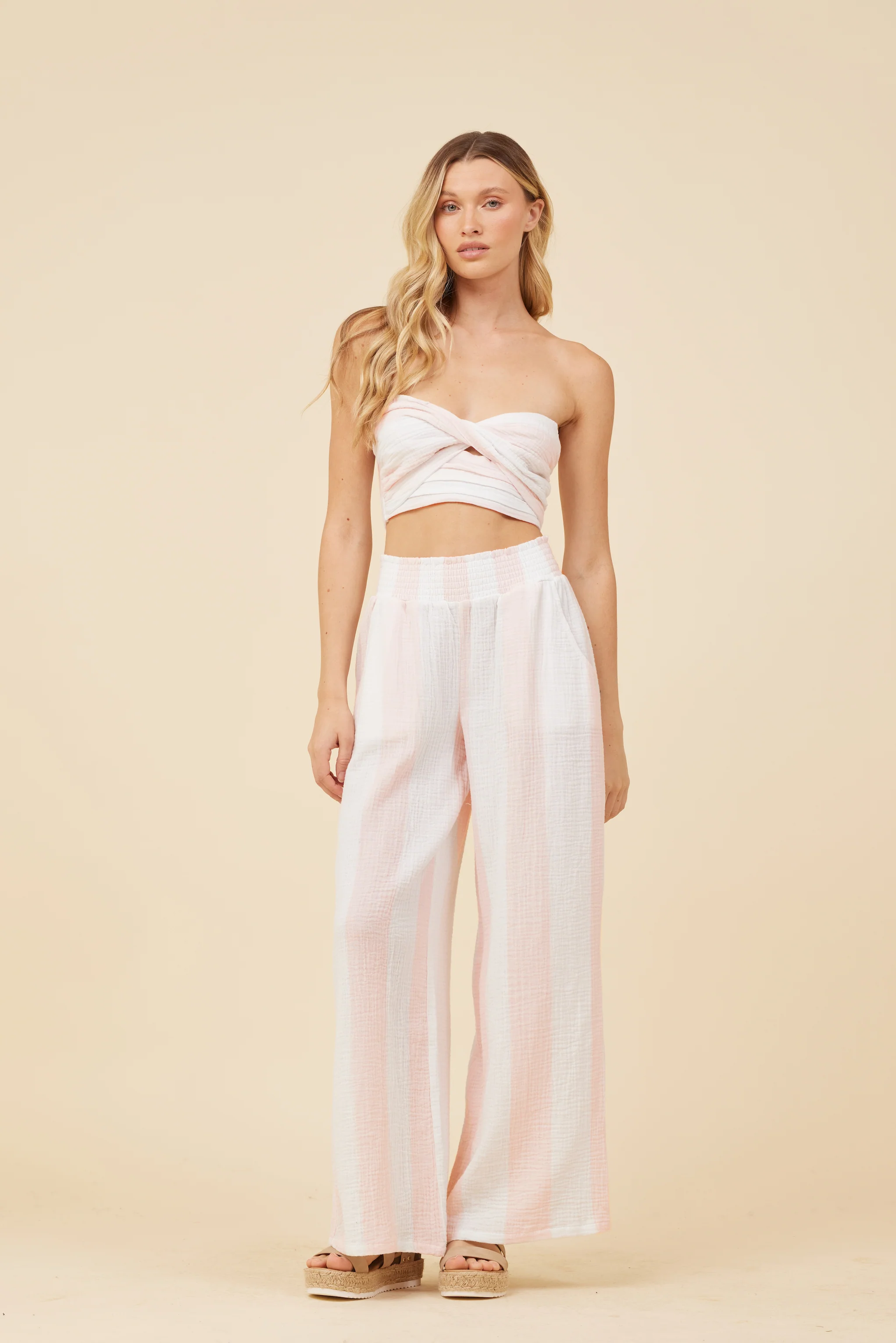Pink & White Cabana Stripe Gauze Bandeau Crop Top - Image 3
