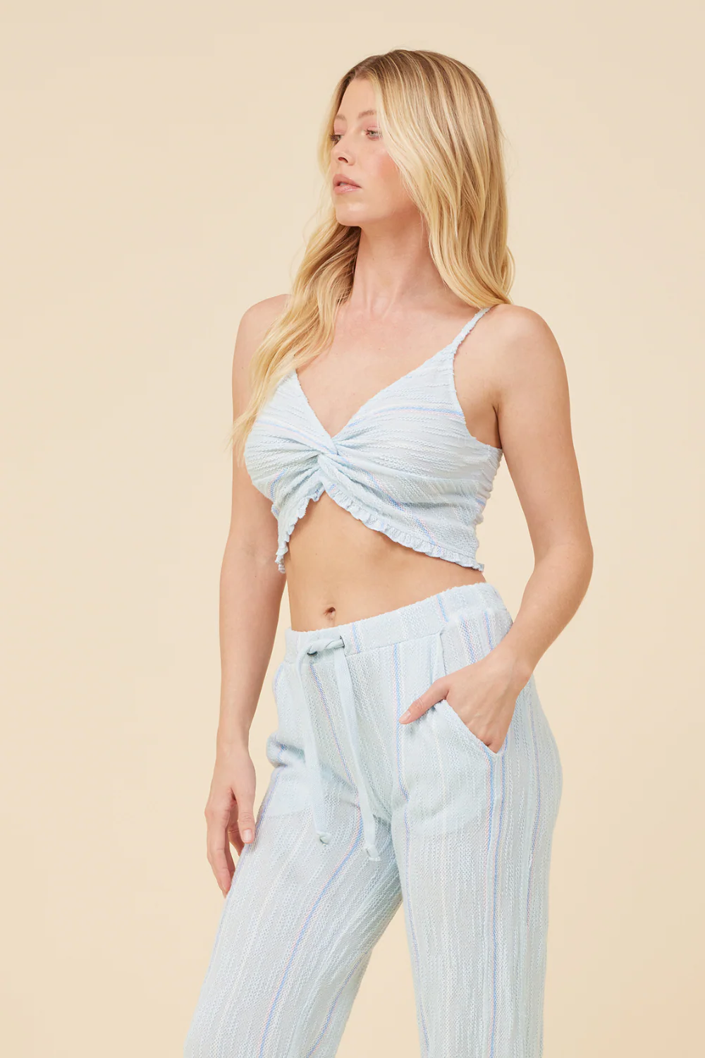 Soft Blue w/ Mixed Stripes Textured Cropped Tank - Image 2